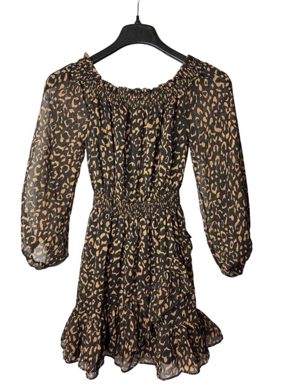The Impeccable Pig Smocked Fit Flare Mini Dress S Leopard Print Black Brown New